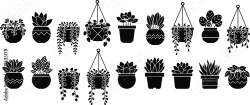 Potted plant silhouette icon set with succulents, leafy greens, and hanging planters, vector artwork