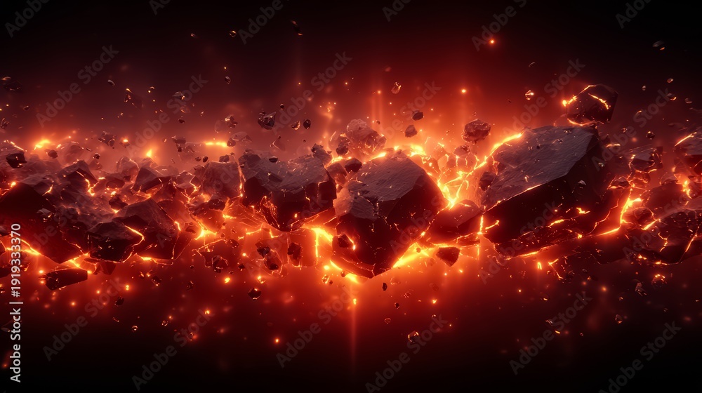 Fiery explosion of rocks and debris. The image is a representation of a volcanic eruption, with the rocks
