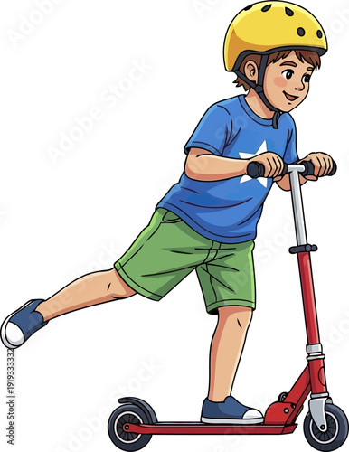 Boy riding a kick scooter wearing a safety helmet