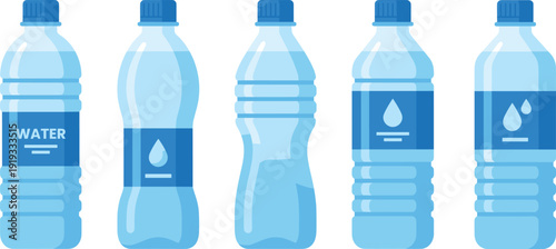 Illustration of five plastic water bottles with blue caps and varied label designs for packaging and hydration visuals