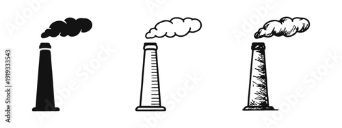 Industrial Chimney Icon Set. Factory Smokestack with Smoke Emission in Black and White Doodle and Line Art Styles.
