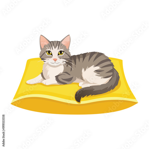 Cat resting on yellow cushion illustration isolated