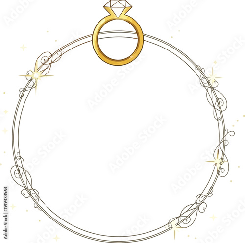 Circular elegant frame featuring a sparkling gold diamond engagement ring.
