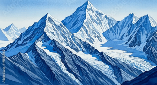 Breathtaking watercolor painting of snow-capped mountains under a clear blue sky, majestic peaks and icy slopes