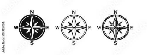Compass Rose Icon Set. Navigation and Directional Symbol with N, S, E, W in Black and White Doodle and Outline.