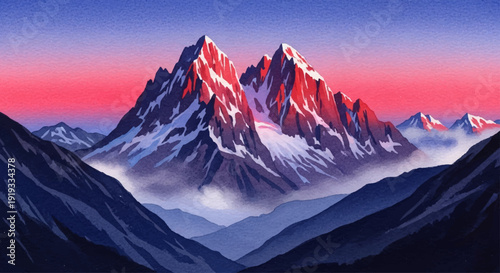 Serene watercolor mountain landscape painting with snow-capped peaks bathed in the warm glow of sunrise