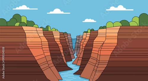Vibrant Illustrated Canyon Landscape with River and Lush Greenery and Blue Sky