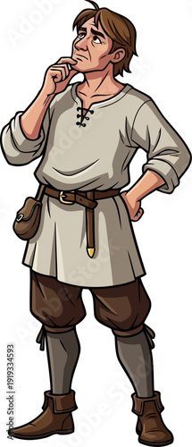 Medieval peasant man in tunic standing and thinking with hand on chin