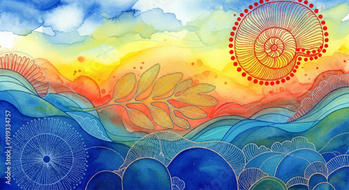 Vibrant watercolor abstract design with swirling waves, sun motif, and organic patterns, evoking a sense of natural harmony and creativity