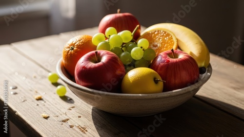 Bowl of colorful fruits on a wooden table, illuminated by sunlight