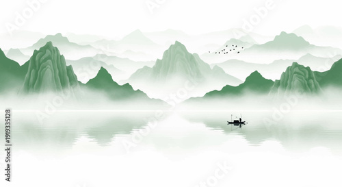 Serene watercolor landscape painting of misty mountains reflecting in calm water with a solitary boat, a breathtaking vista