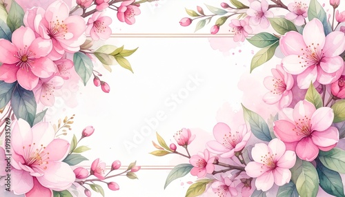 Soft watercolor spring floral frame with cherry blossoms and light greenery