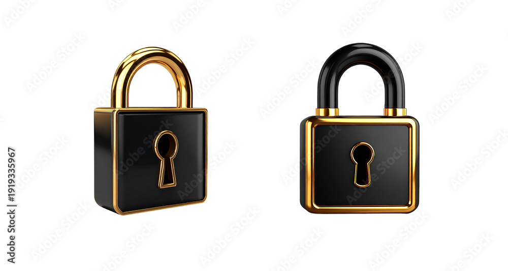 Fototapeta premium Two black padlocks with gold accents on a solid black background, one open and one closed, symbolizing security and protection.