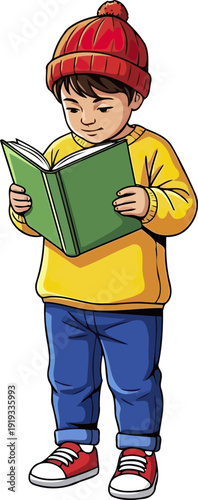 Young student reading a green hardcover book attentively