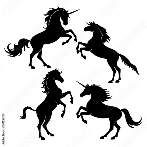 Four black unicorn silhouettes in different poses Vector