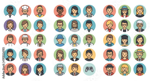 Diverse Group of Cartoon People Avatars in Circles.
