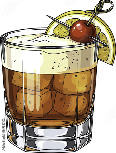 Whiskey sour cocktail garnished with cherry and lemon slice