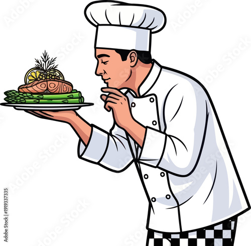 Culinary professional smelling gourmet salmon and asparagus plate