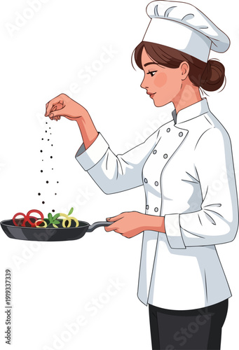 Female chef adding salt to a pan of sauted vegetables