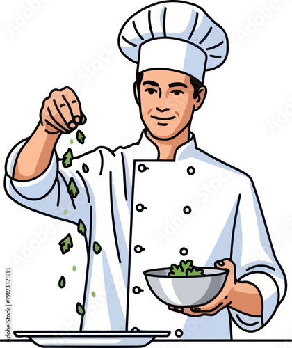 Kitchen professional sprinkling fresh green herbs over a prepared meal