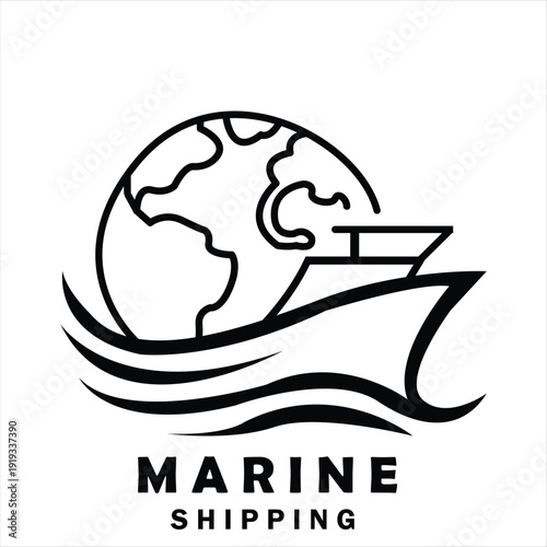 Global marine shipping logo with ship, waves, and earth icon for international business