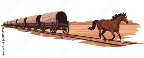 Brown horse galloping alongside a wooden wagon train in a desert landscape