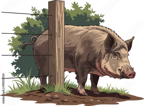 Wild boar standing behind a wire fence near green bushes