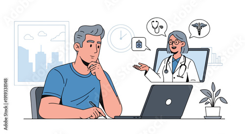Man consults doctor online via video call on laptop, discussing health concerns with physician remotely.