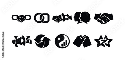 Business and communication silhouette icon set. Partnership and marketing symbols.