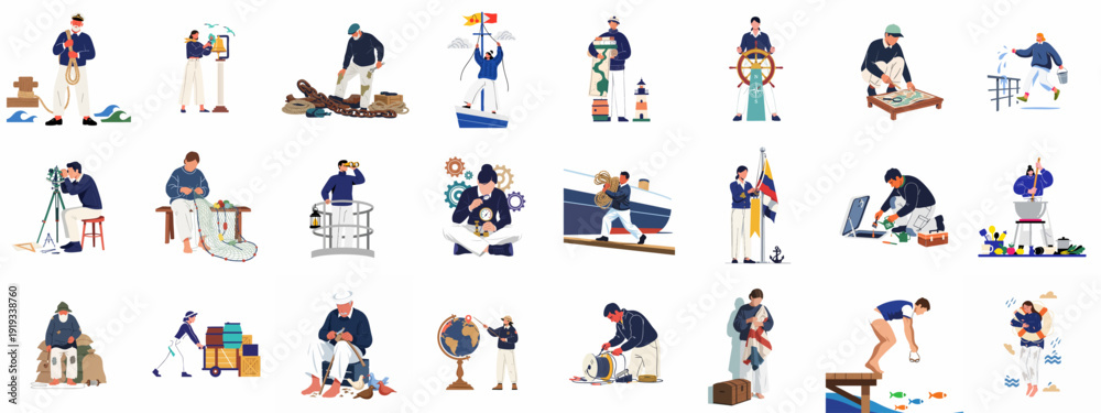 Εκτύπωση καμβά Nautical life illustrations: sailors, navigators, and fishermen performing diverse maritime tasks, from mapping and fishing to piloting ships and exploring the ocean