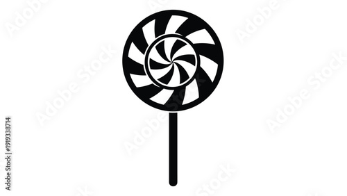 Simple black and white graphic of a round spiral lollipop on a stick creating a classic sweet candy symbol or icon.