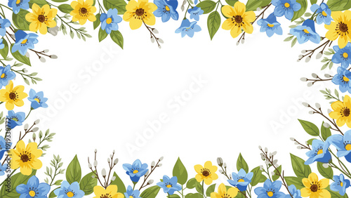 Beautiful floral frame composed of yellow and blue spring flowers with green leaves surrounding a large central white space.