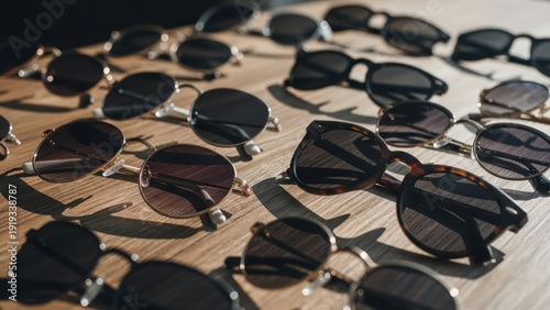 Collection of various sunglasses displayed on a wooden surface, angled light