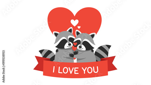 Two cute raccoons hugging with a large red heart and a banner saying I love you for valentine or romantic greetings on white background.