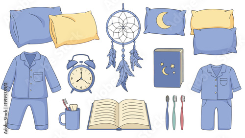 Bedtime and sleep routine icons set featuring pajamas pillows dreamcatcher alarm clock books and toothbrushes for a peaceful night.