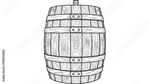 Front view of a large upright wooden barrel with metal hoops and a tap at the top illustrated in a detailed black and white engraving style.