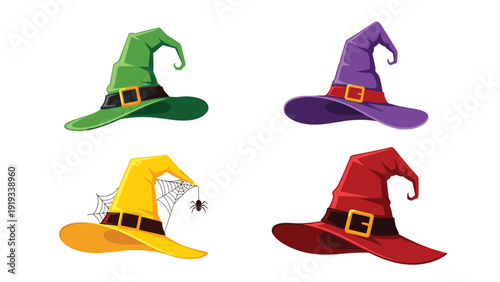 Set of four colorful witch hats in green purple yellow and red with buckles and a spider web for halloween costume and decoration designs.