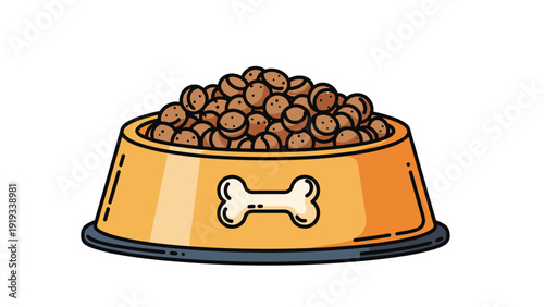 Orange plastic dog food bowl filled with brown kibble and decorated with a white bone icon for pets and animal care illustrations.