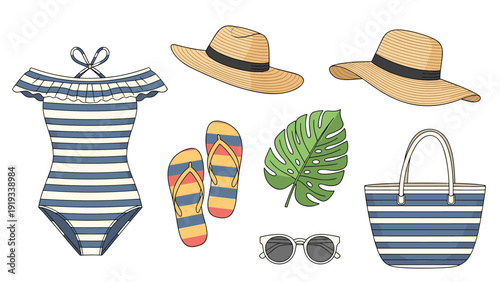 Summer vacation set featuring a striped off-the-shoulder swimsuit blue and yellow flip flops a straw hat and a matching beach bag.