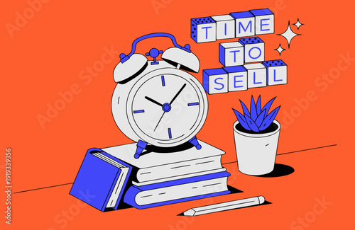 Time to sell symbol. alarm clock and time to sell, word concept on wooden blocks. Beautiful orange background, succulent on desk, business and sales concept. Copy space .vector icon