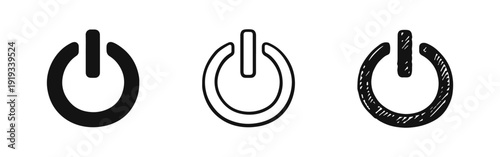 Power On/Off Button Icons Set in Solid, Outline, and Hand Drawn Styles