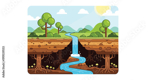 Whimsical cartoon cross-section of a vibrant natural landscape, a river flows from green hills and trees into a subterranean realm with roots and