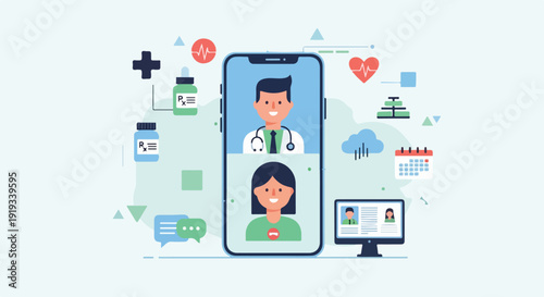 Online doctor consultation via smartphone app, telemedicine, remote healthcare, medical advice, patient communication, digital health services.