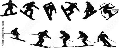 Collection of snowboarder and skier silhouettes isolated on white background, winter sports action set with jumps, tricks and downhill skiing vector illustration