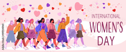 8 March womens day diverse group women march unity empowerment pink background hearts modern flat banner