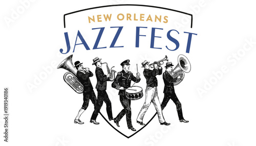 Musicians performing at New Orleans Jazz Fest with brass instruments
