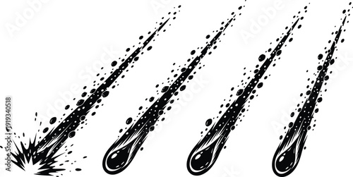 Silhouette meteors streaking through sky with comet trails, cosmic celestial impact illustration artwork - flavector