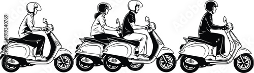 Silhouette scooter riders with helmets, solo and passenger riding illustration artwork transportation safety - flavector