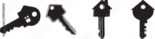 Black key icon set. Includes house key, skeleton key, old key, and padlock key. Created in simple style with black and white palette.