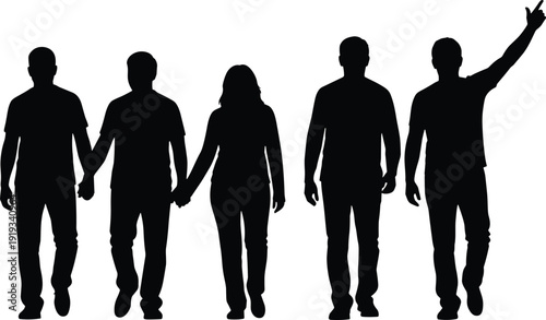 Minimalist black silhouette illustration of five people walking together, lifestyle concept symbolizing unity, friendship, connection, teamwork, aspiration, and human interaction in modern society.